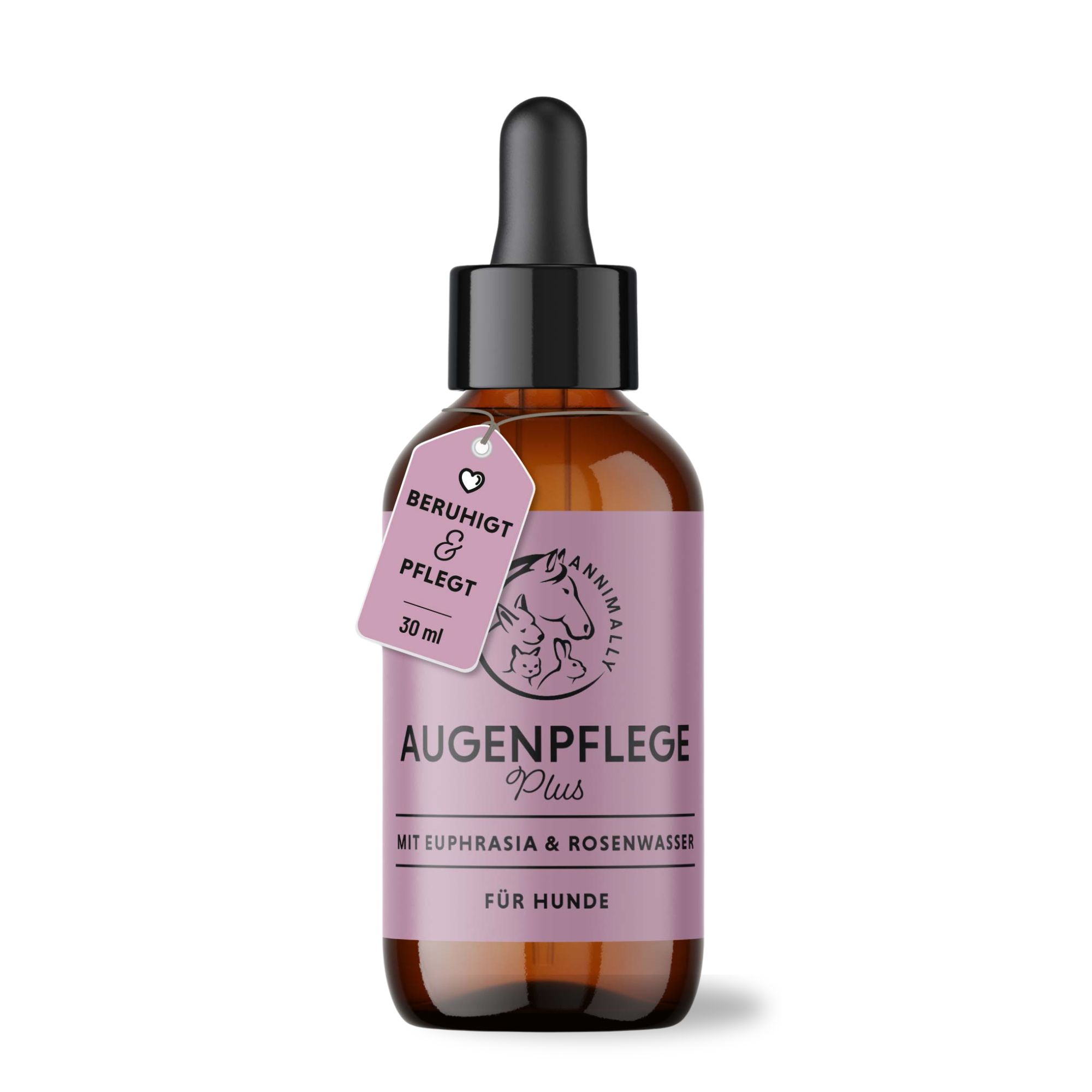 Braune Flasche mit Tropfer und Etikett. Etikett mit Produktnamen, Logo und Text. Anhänger mit Text: Beruhigt & Pflegt. 30 ml.