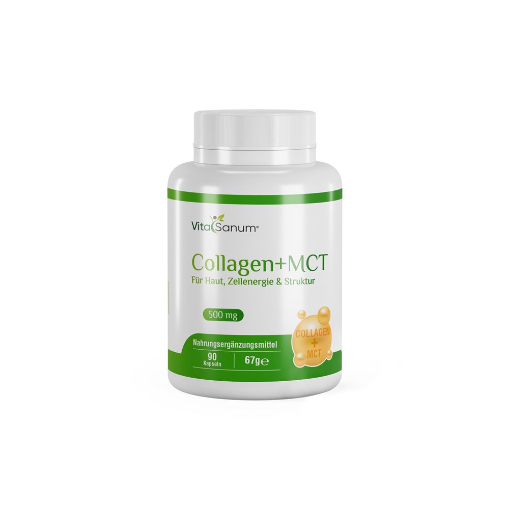 Weiße Flasche mit grünem Etikett. Aufschrift: Collagen+MCT, 500 mg, 90 Kapseln. Logo VitaSanum. Abbildung einer Kapsel.