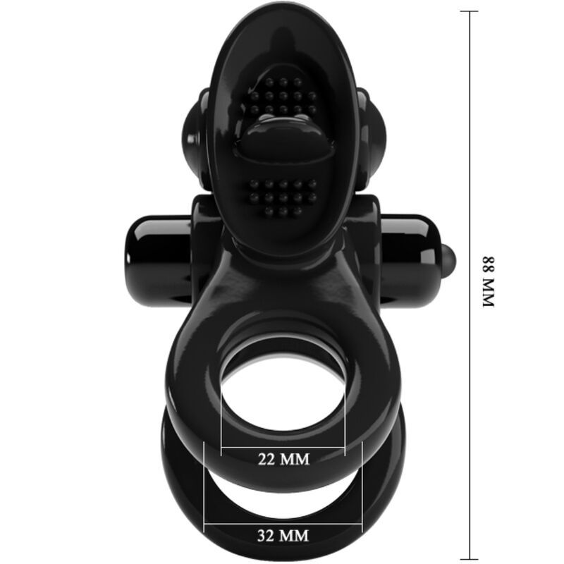 Schwarzer Penisring mit Vibrationsfunktion. Abmessungen: 88 mm hoch, Ringdurchmesser 22 mm und 32 mm.