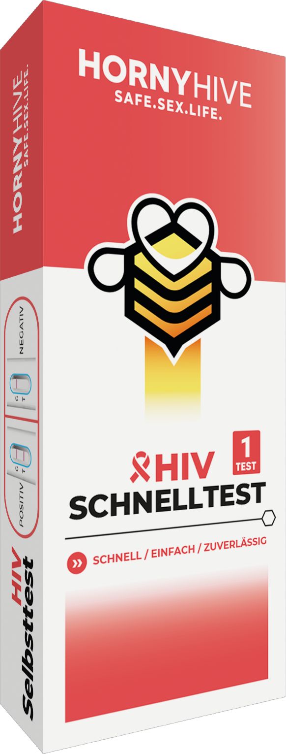 Verpackung mit rotem Design. Aufschrift: HORNYHIVE, HIV Schnelltest, negativ/positiv. Enthält einen Test.