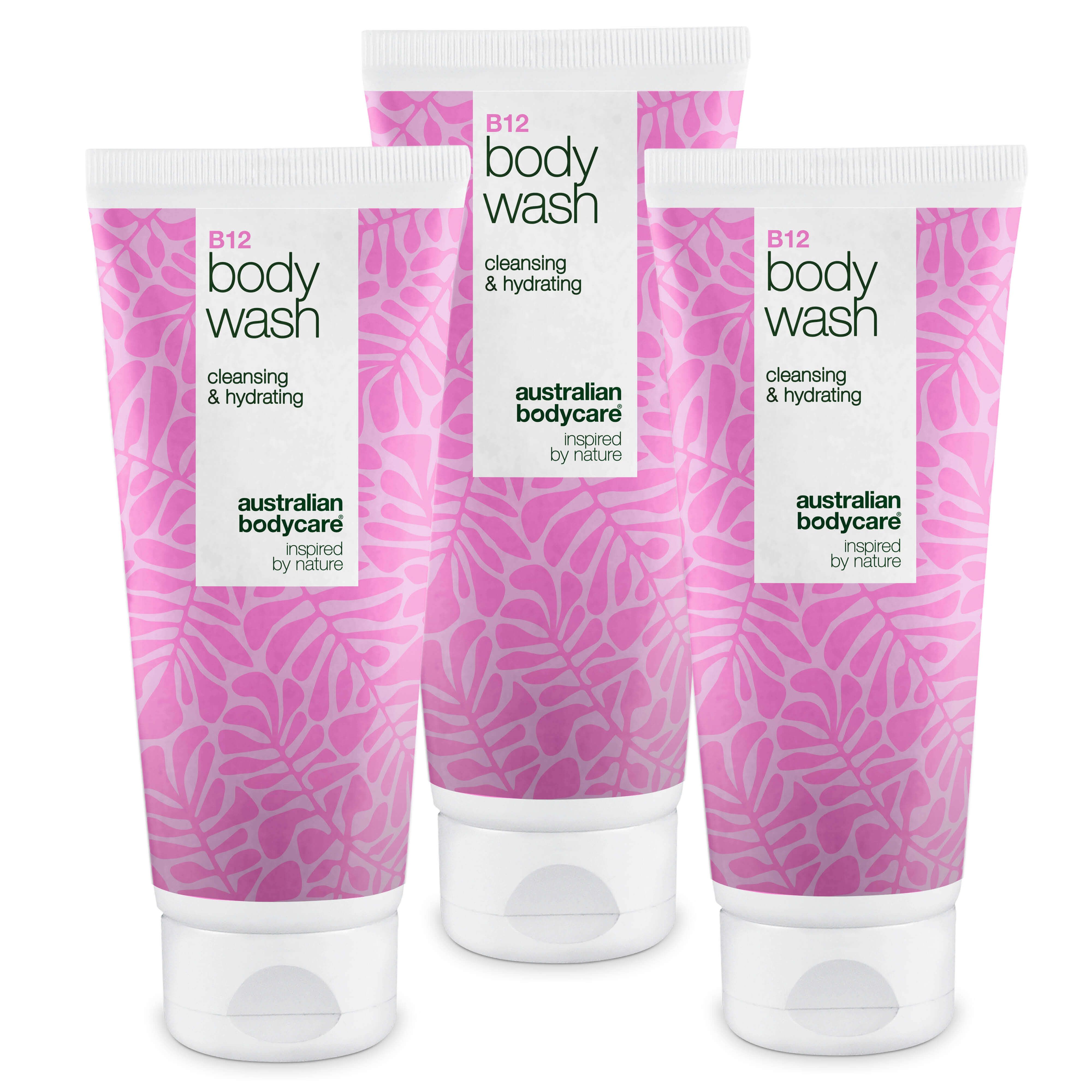Drei Tuben Duschgel, weißer Deckel, rosa Muster, Text: B12 Body Wash, Australian Bodycare.