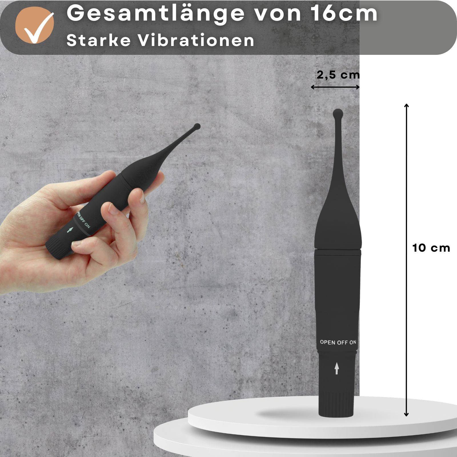 Wellness-Produkt neben Text: 16cm, Starke Vibrationen. Maße: 10 cm hoch, 2,5 cm breit. Hand im Bild.