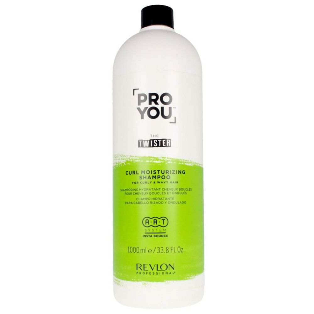Weiße Flasche mit schwarzem Deckel. Aufschrift: PRO YOU The Twister, Curl Moisturizing Shampoo. Grüne Etiketten. Revlon Professional.