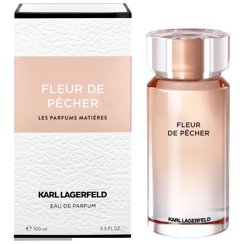 Karl Lagerfeld Fleur de Pécher Eau de Parfum Flakon und Verpackung, 100ml.