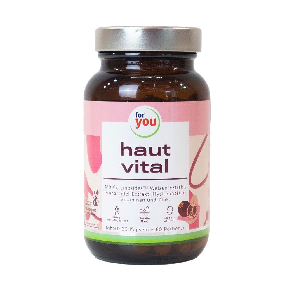 Braune Glasflasche mit rosa Etikett. Aufschrift: for you haut vital. Enthält Kapseln. Mit Zertifizierungen.