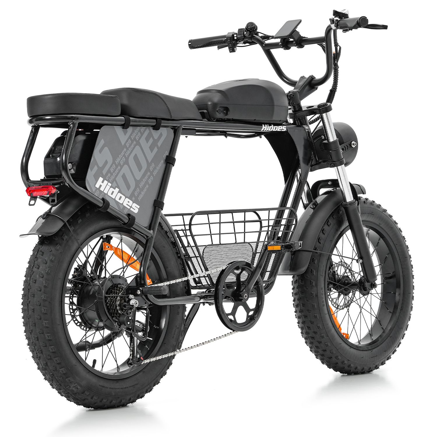 Schwarzes Elektro-Dirtbike von hinten gesehen, mit Gepäckträger und breiten Reifen. Marke Hidoes.