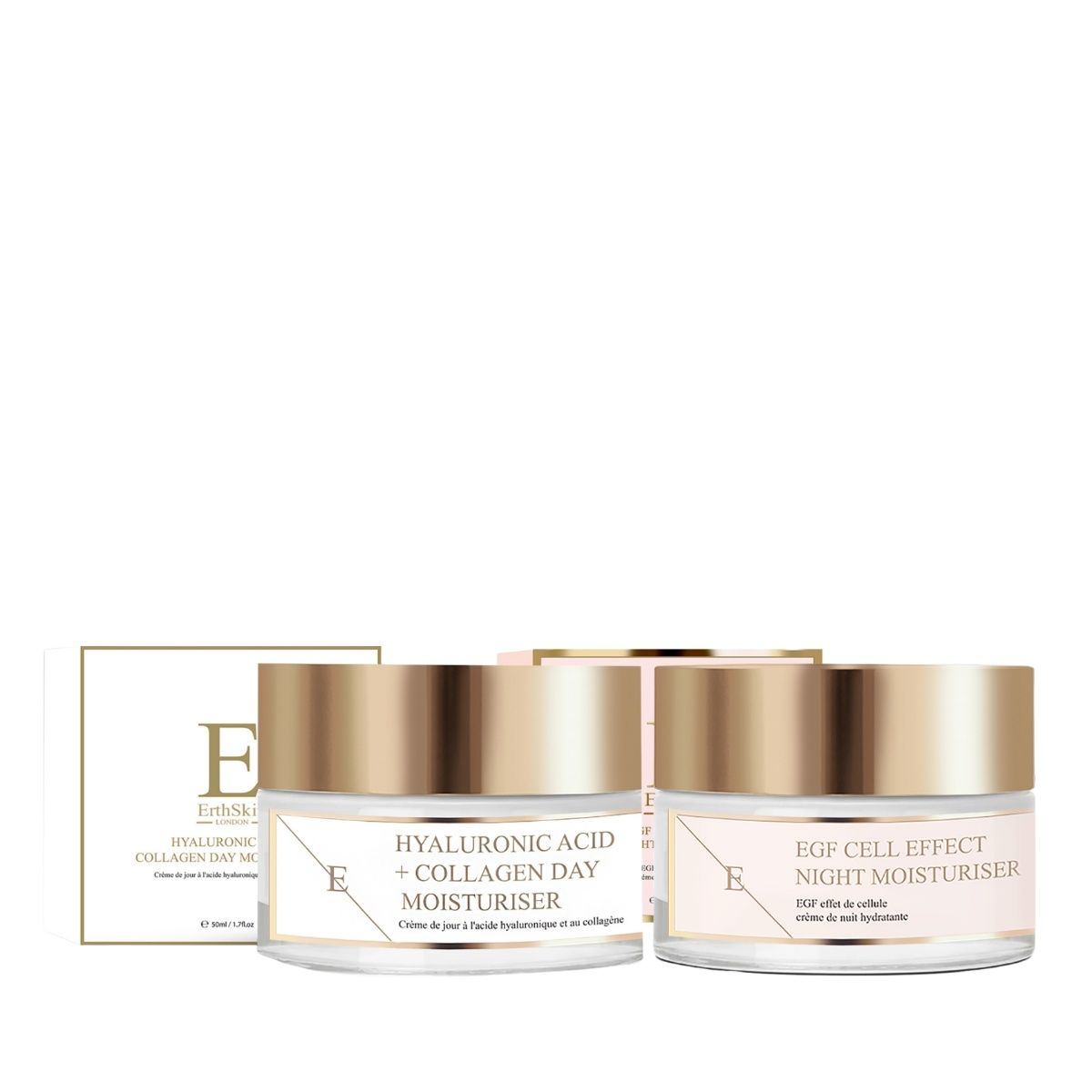 Zwei Cremetiegel mit goldenen Deckeln und Etiketten. Aufschrift: Hyaluronsäure + Kollagen Tagescreme und EGF Cell Effect Nachtcreme. Eine Schachtel.