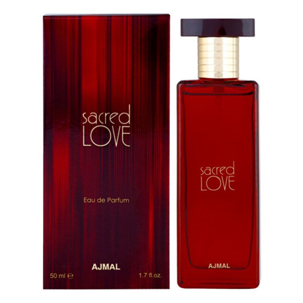 Rote Flasche und Schachtel. Aufschrift "sacred LOVE", "Eau de Parfum" und "AJMAL".