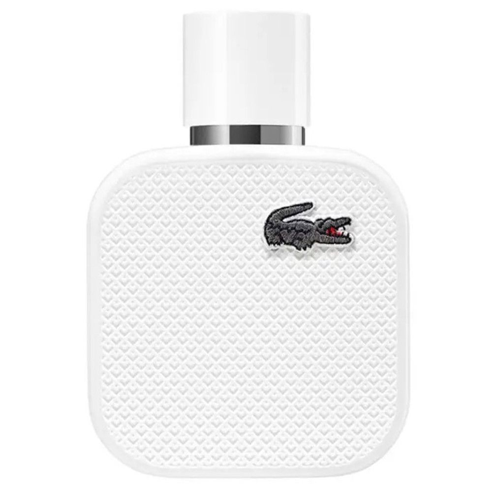 Weißer Flakon mit Krokodil-Logo. Aufschrift: Lacoste L.12.12 Blanc. Eau de Parfum. Spray.