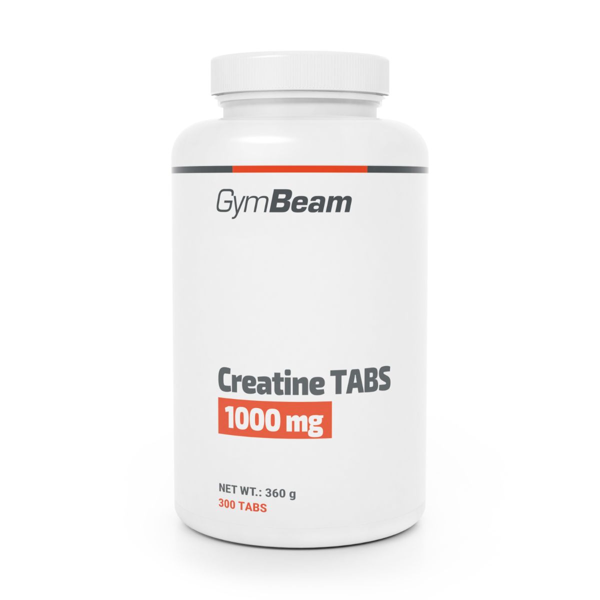 GymBeam Kreatin TABS 1000 mg in weißem Behälter mit orange-schwarzem Etikett.