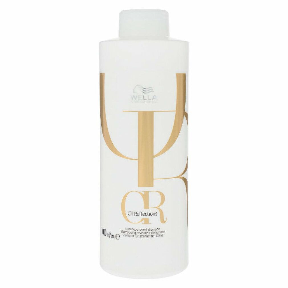 Weiße Shampoo-Flasche mit goldfarbenem Logo und Schriftzug. Aufschrift: Oil Reflections.