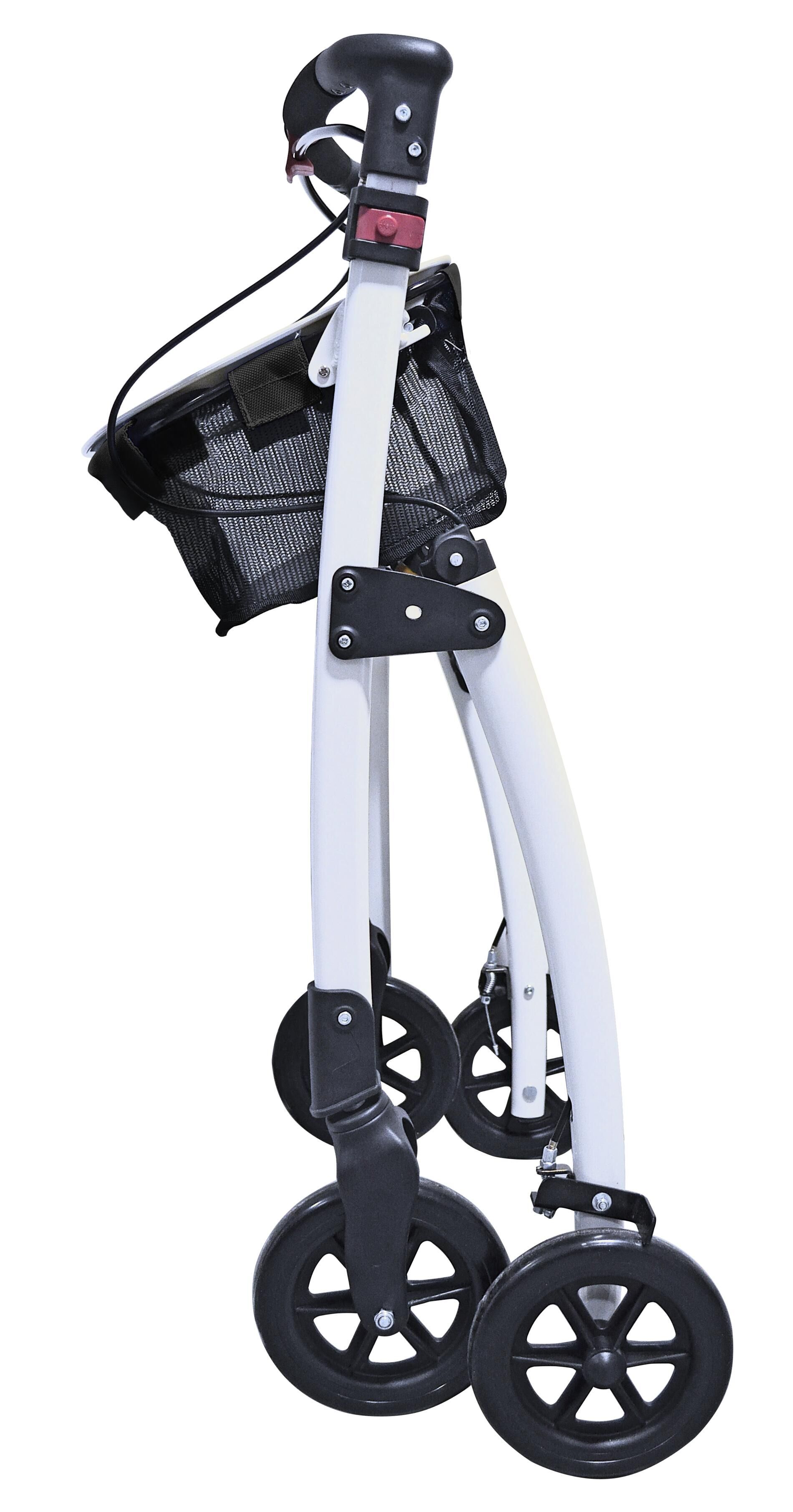 Gefalteter Rollator mit weißem Rahmen, schwarzem Korb und Rädern. Schwarze Griffe.