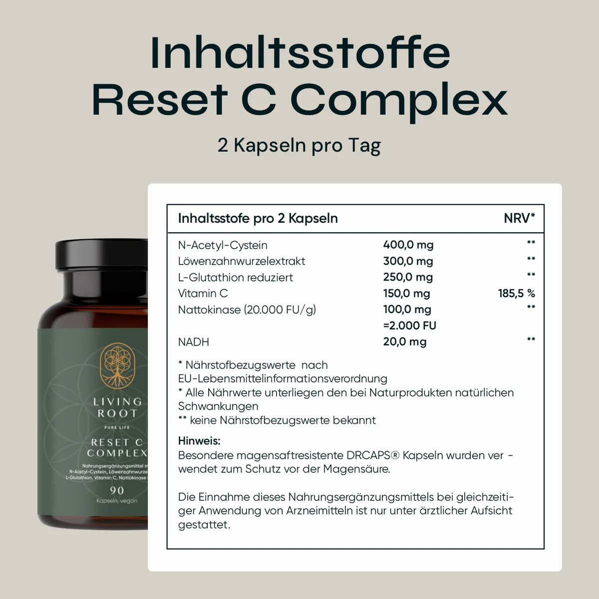 Etikett mit Inhaltsstoffen von Reset C Complex. 2 Kapseln pro Tag. Tabelle mit Nährwerten pro 2 Kapseln und NRV%.