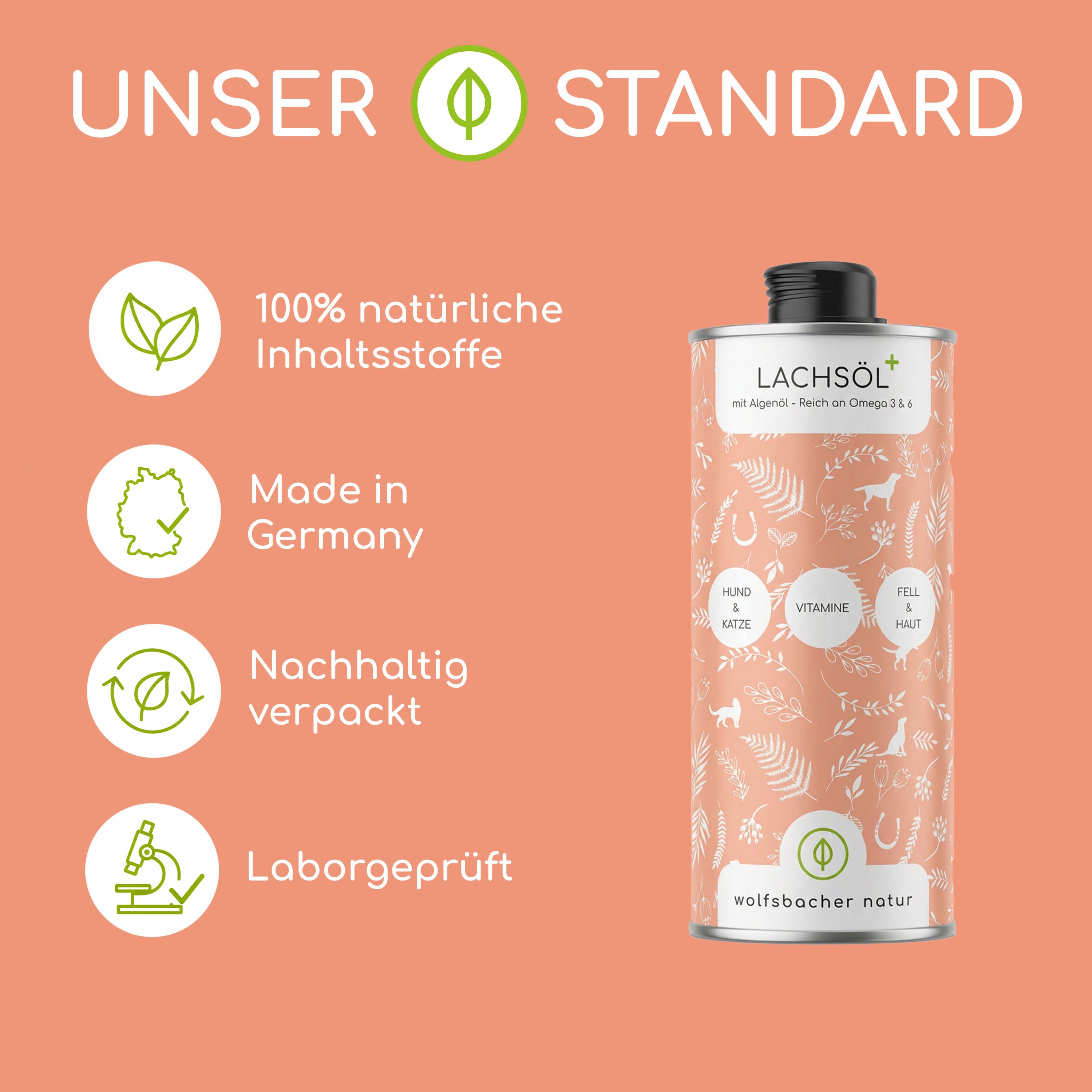 Dose Lachsöl mit Algenöl. Aufschrift: Hund & Katze, Vitamine, Fell & Haut. Logos: Wolfsbacher Natur, 100% natürliche Inhaltsstoffe, Made in Germany.