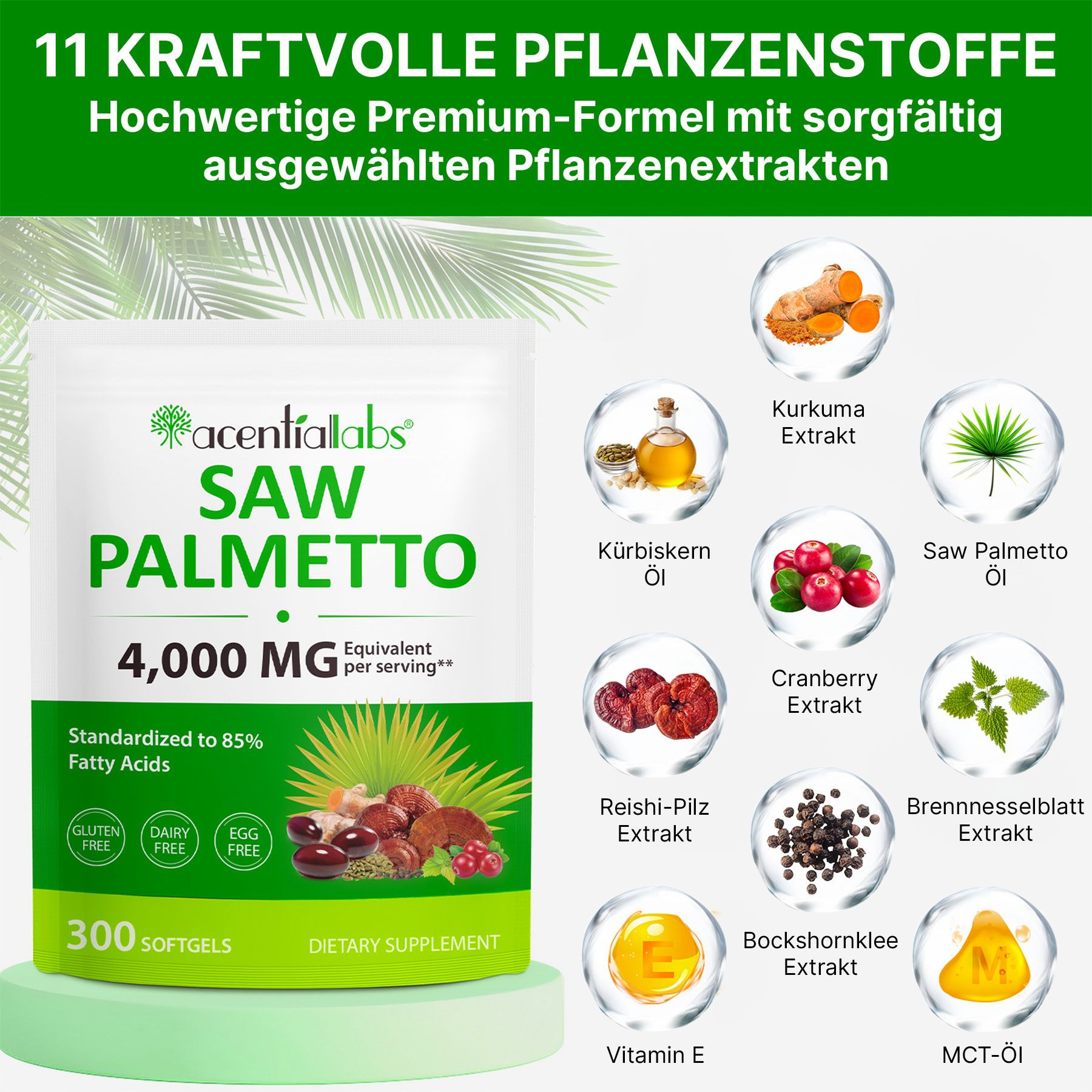Acentiallabs Saw Palmetto Extrakt Sägepalmenextrakt Kürbiskernöl Hochdosiert Softgels