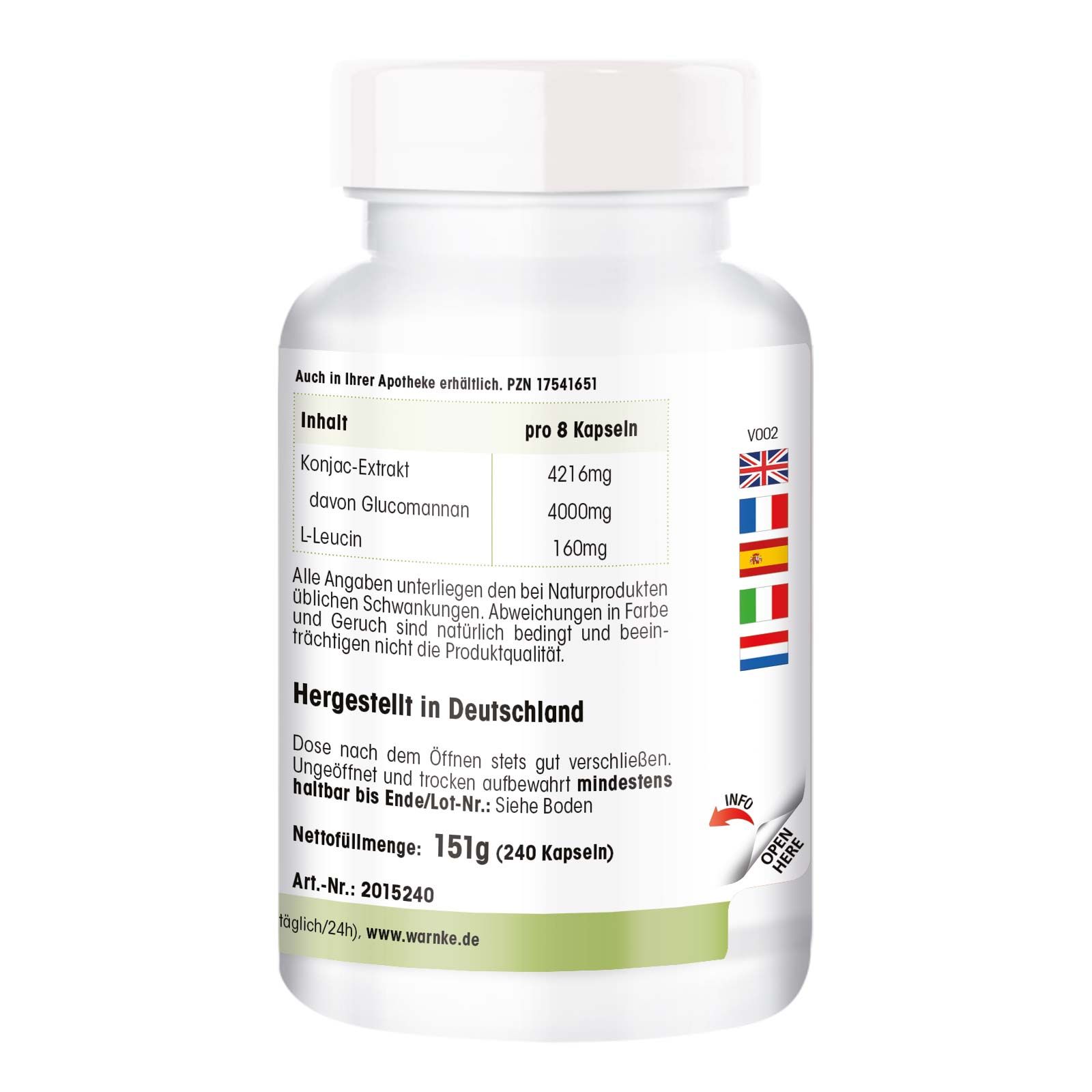 Rückseite der Flasche. Text: Inhalt pro 8 Kapseln, Hergestellt in Deutschland. Mit Flaggen und Logo.