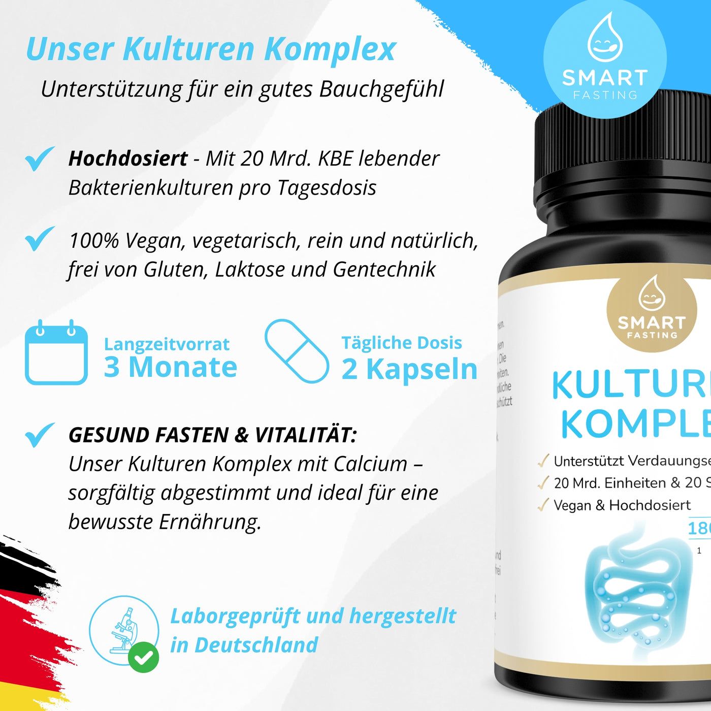 Smart Fasting® Probiotika Kulturen Komplex - vegan - 20 Bakterienstämme - mit Calcium & Inulin