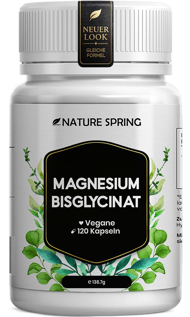 Flasche mit Magnesium Bisglycinat Kapseln, 120 Stück, vegan.