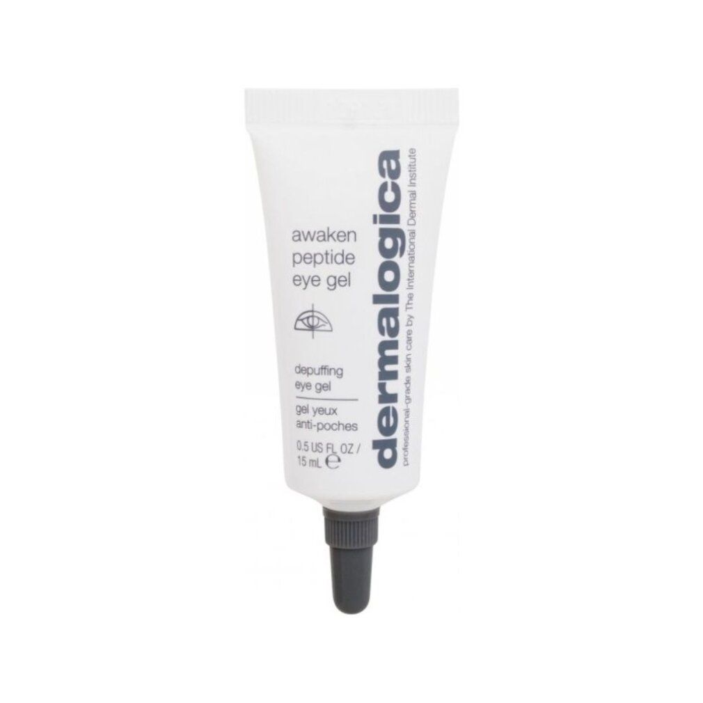 Weiße Tube mit grauem Verschluss. Aufschrift: awaken peptide eye gel, depuffing eye gel, Dermalogica. 15 ml.