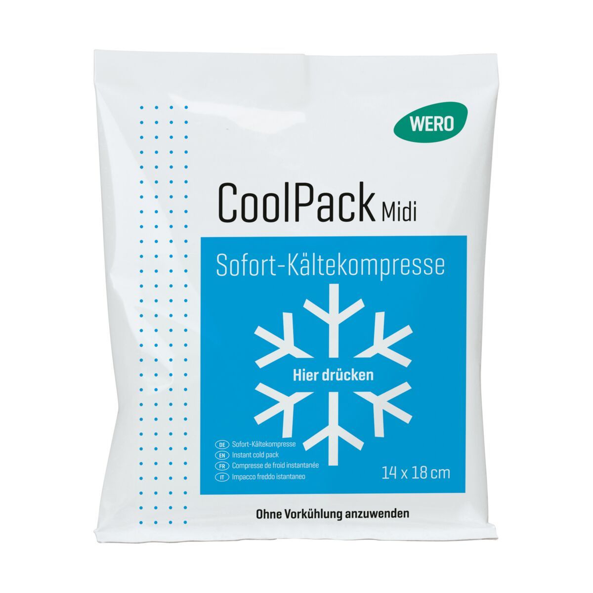 Kältekompresse WERO CoolPack Midi, weißes Beutel mit blauem Feld, Schneeflocke, Text. Maße: 14 x 18 cm. Ohne Vorkühlung anwenden.