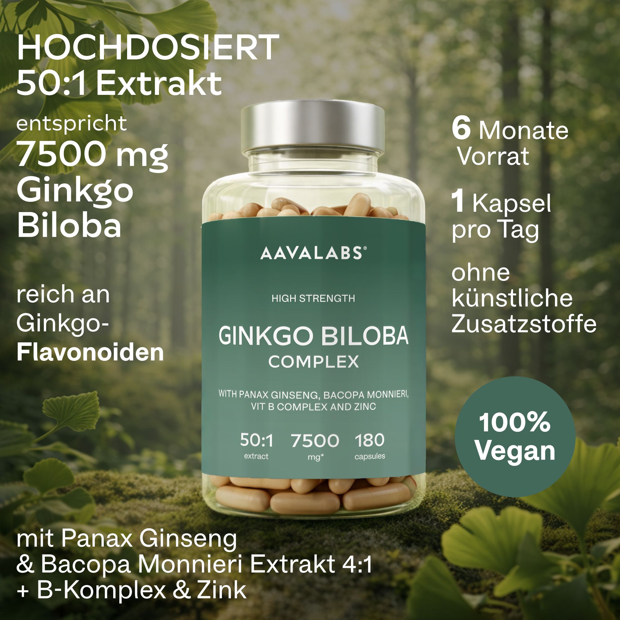 Aavalabs Ginkgo Biloba Komplex: Hochdosiert, 7500mg, 100% Vegan.