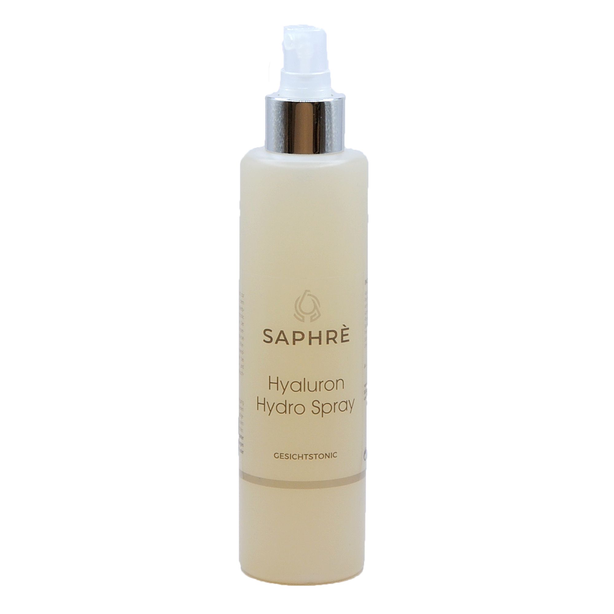 Beige Flasche mit Sprühkopf. Beschriftung: Saphre Hyaluron Hydro Spray. Gesichtstonic.