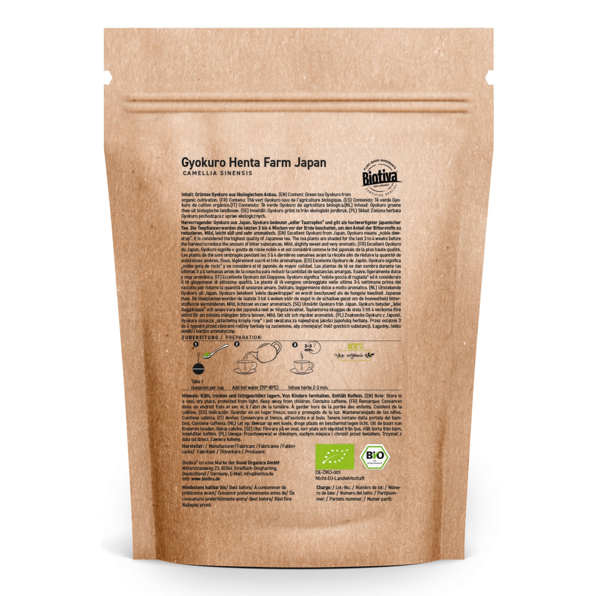 Rückseite des Biotiva Japan Gyokuro Bio Beutels. Text und Bio-Siegel. Informationen zur Zubereitung.