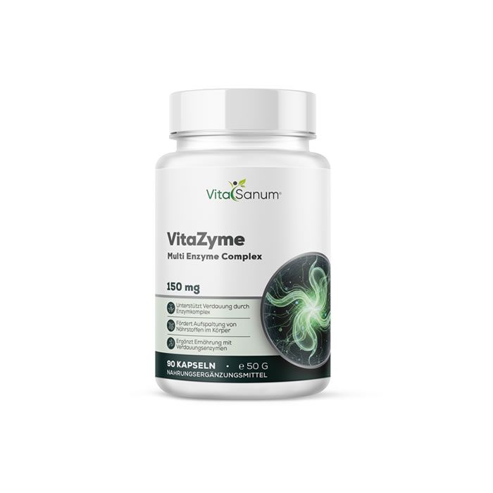 Weiße Flasche VitaSanum VitaZyme. Produktinformationen, 150 mg, 90 Kapseln. Aufschrift: Nahrungsergänzungsmittel.