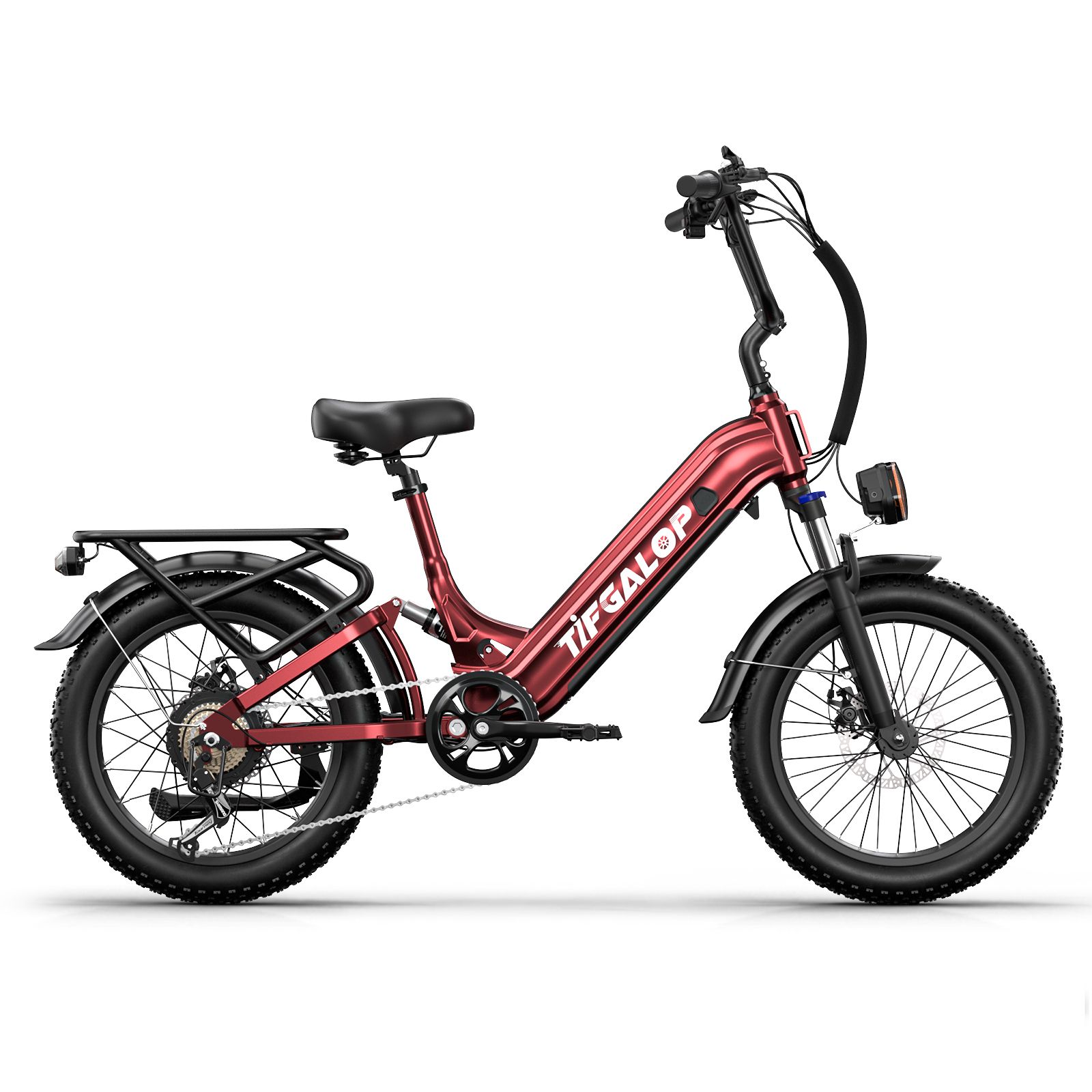 Rotes E-Bike mit schwarzen Elementen. Breitreifen, Gepäckträger, Scheinwerfer und Lenker. Marke TIFGALOP.