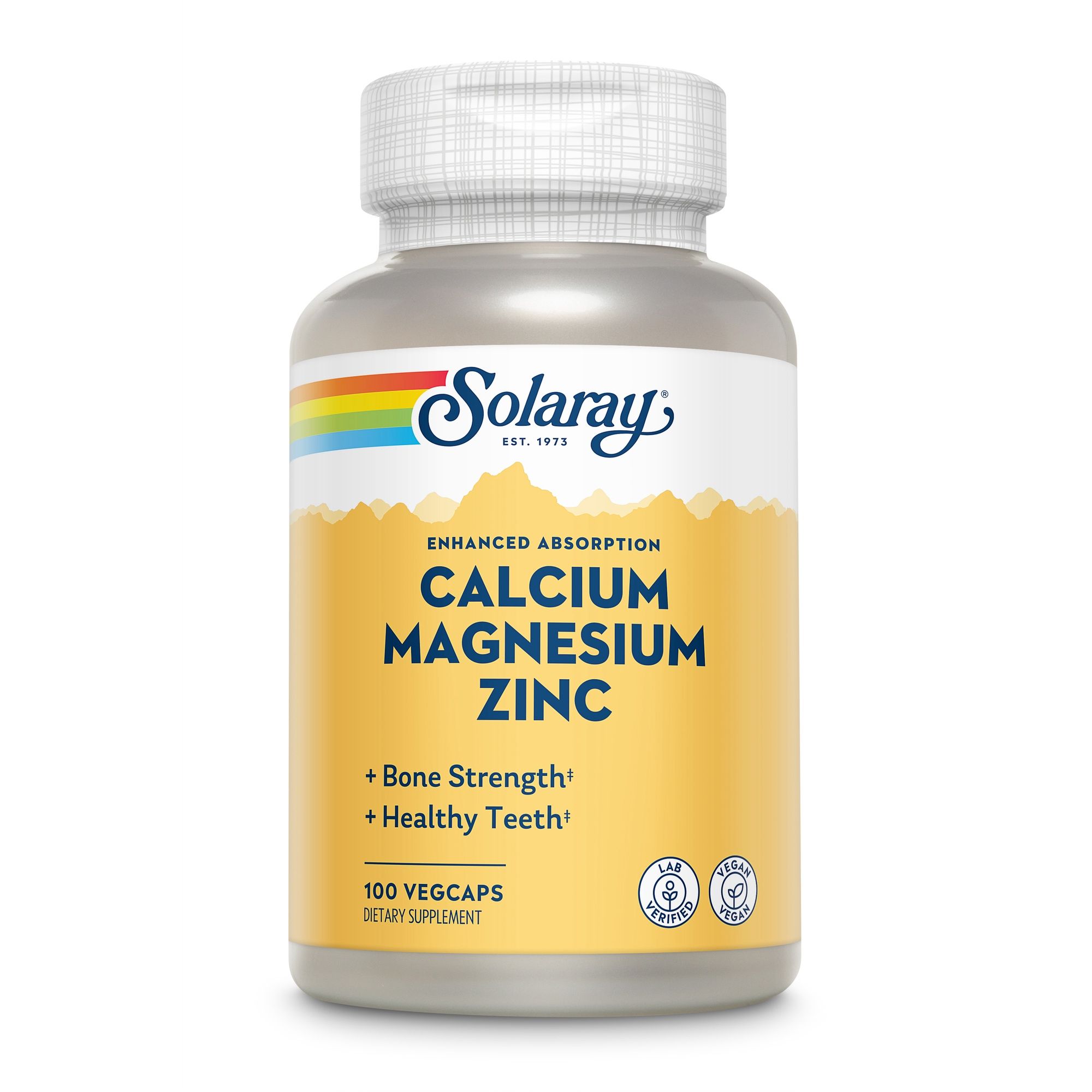 Solaray Calcium, Magnesium, Zink-Flasche. Gelbes Etikett. Text: Enhanced Absorption, + Bone Strength, + Healthy Teeth. 100 Vegcaps.