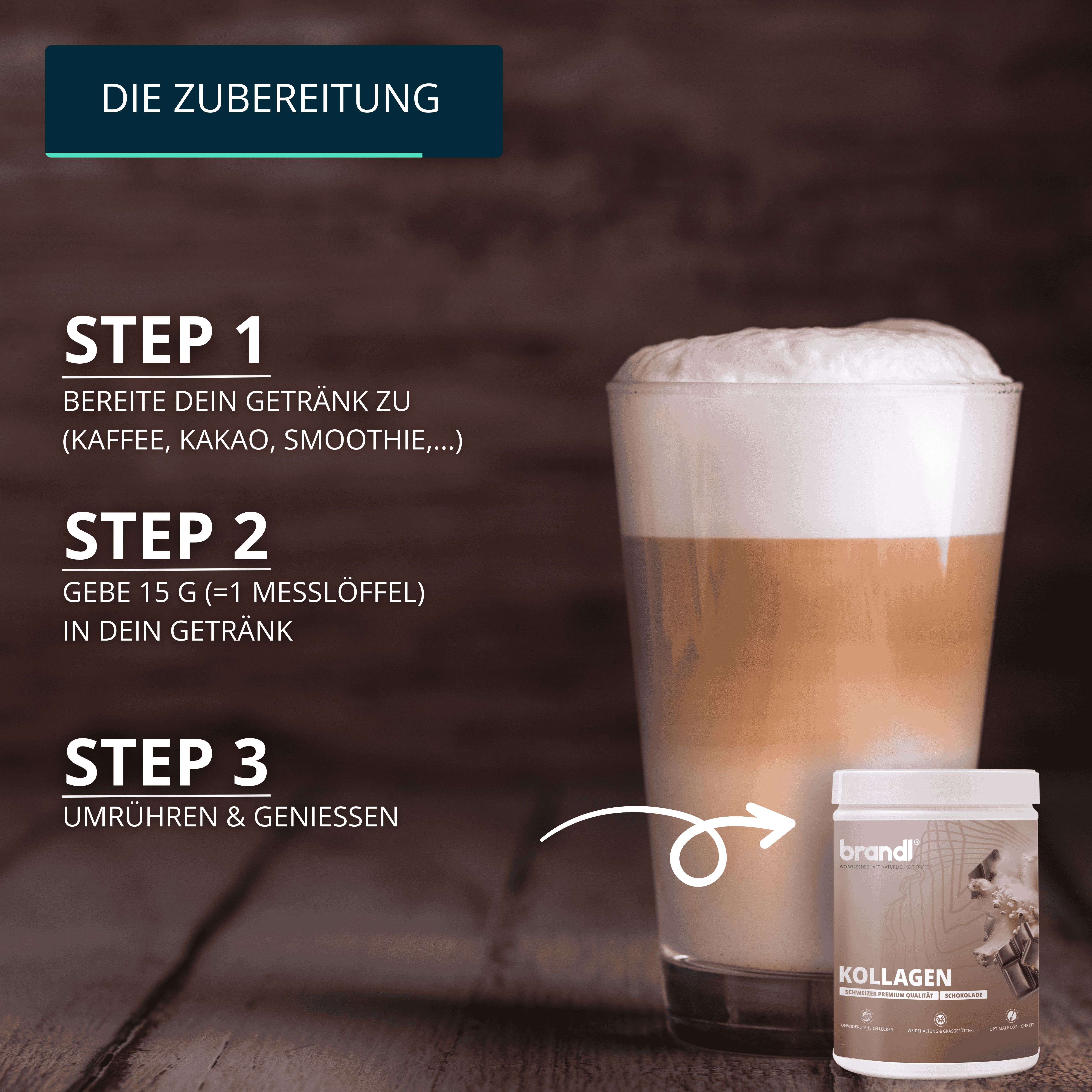 Glas mit Latte Macchiato und Behälter mit Kollagen. Text: Schritt 1-3 zur Zubereitung.