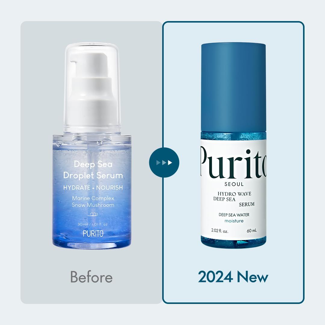 Vorher-Nachher-Vergleich. Links: Deep Sea Droplet Serum. Rechts: 2024 New Serum. Beide Flaschen blau-weiß.