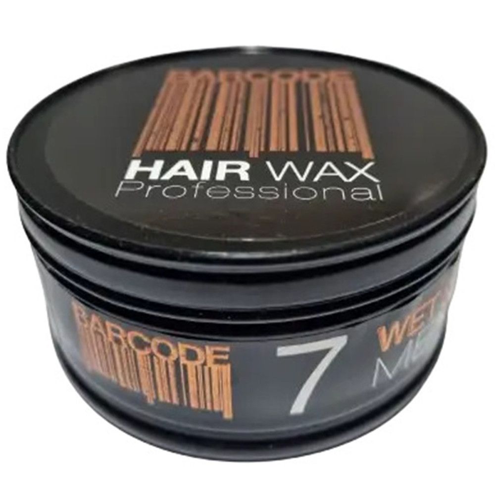 Schwarzer Tiegel mit Aufschrift: BARCODE, 7, HAIR WAX Professional, WET MEN. Barcode-Design.