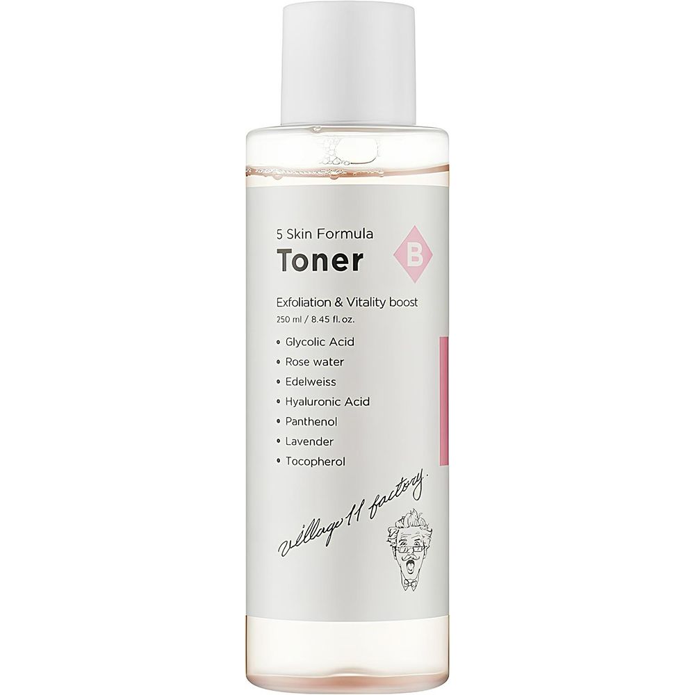 Haut-Toner mit weißem Deckel und Etikett. Enthält Inhaltsstoffe wie Glykolsäure und Rosenwasser. Marke: Village 11 Factory.