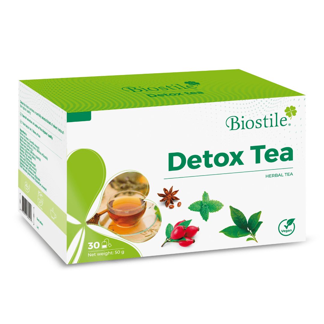 Verpackung von Biostile Detox Tea. Grün-weißes Design mit Produktnamen und Logo. Enthält 30 Teebeutel, vegan.