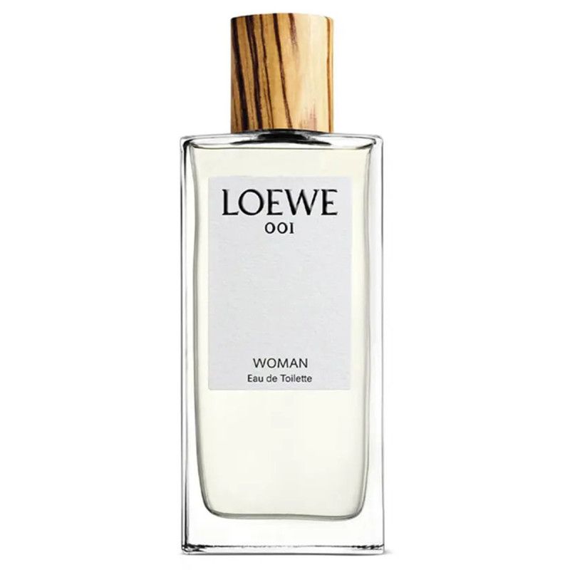 Eine rechteckige Glasflasche mit einem Holzkorken, LOEWE 001 WOMAN Eau de Toilette.