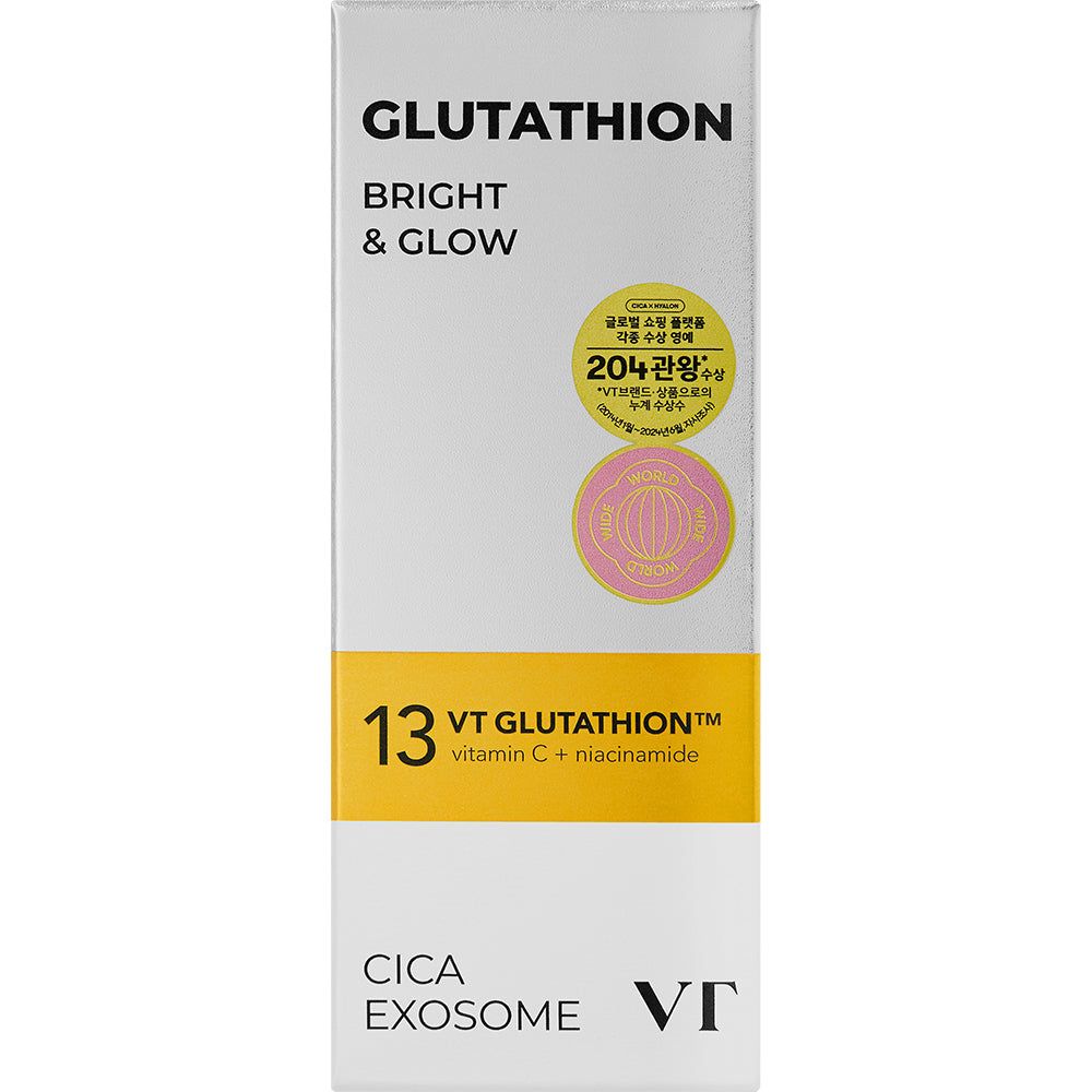 Weiße Verpackung mit Aufschrift: Glutathion Bright & Glow, 13 VT Glutathion Cica Exosome. Runde Aufkleber.