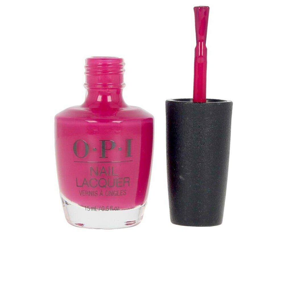 Nagellackflasche, pinkfarben, mit schwarzem Deckel und Pinsel. OPI Nail Lacquer, 15ml.