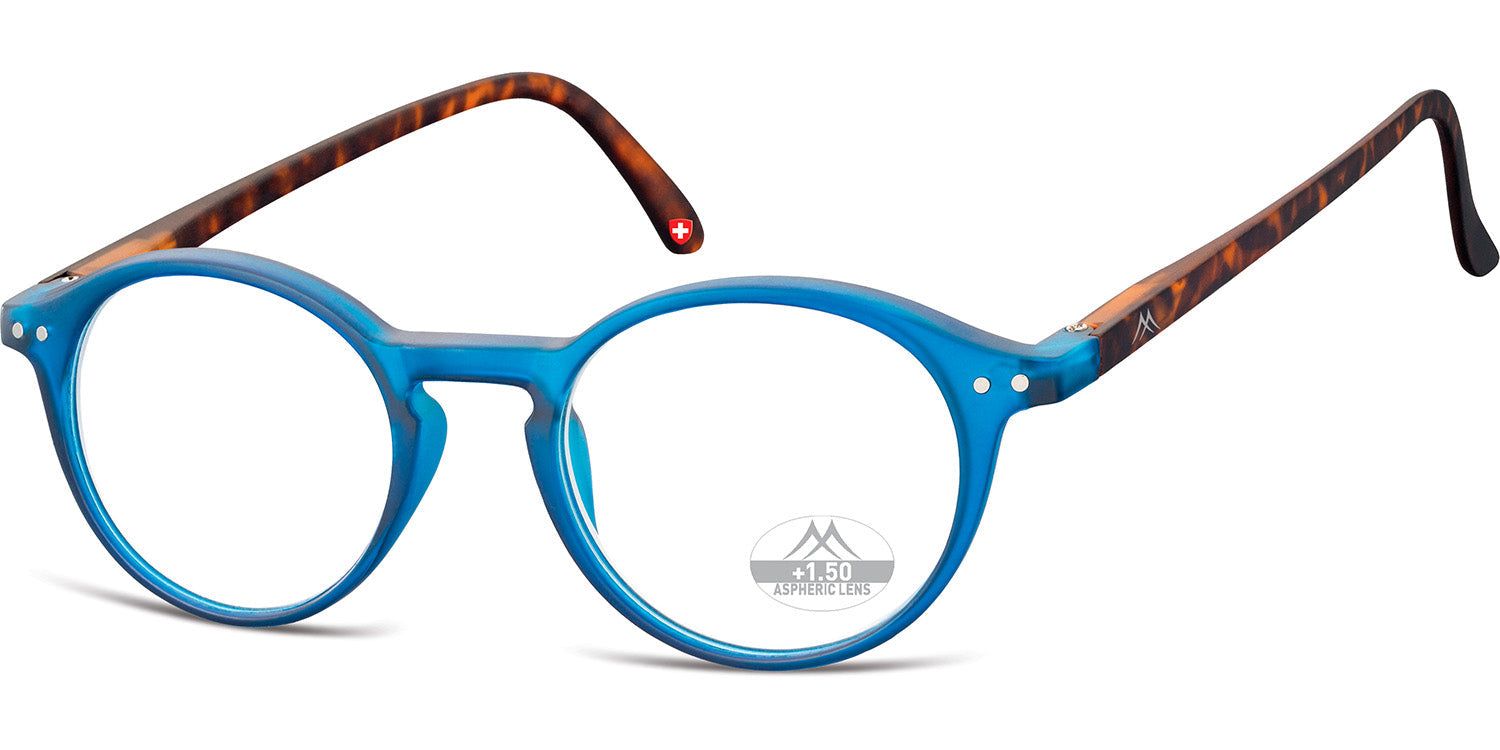 Blaue Brille mit runden Gläsern und braunen Bügeln. Montana Eyewear Logo auf dem Glas. Rotes Schweizer Kreuz am Bügel.