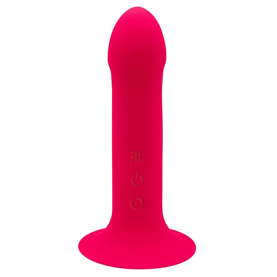Roter Vibrator mit abgerundeter Spitze und breiter Basis. Drei Knöpfe und Symbole auf dem Schaft.