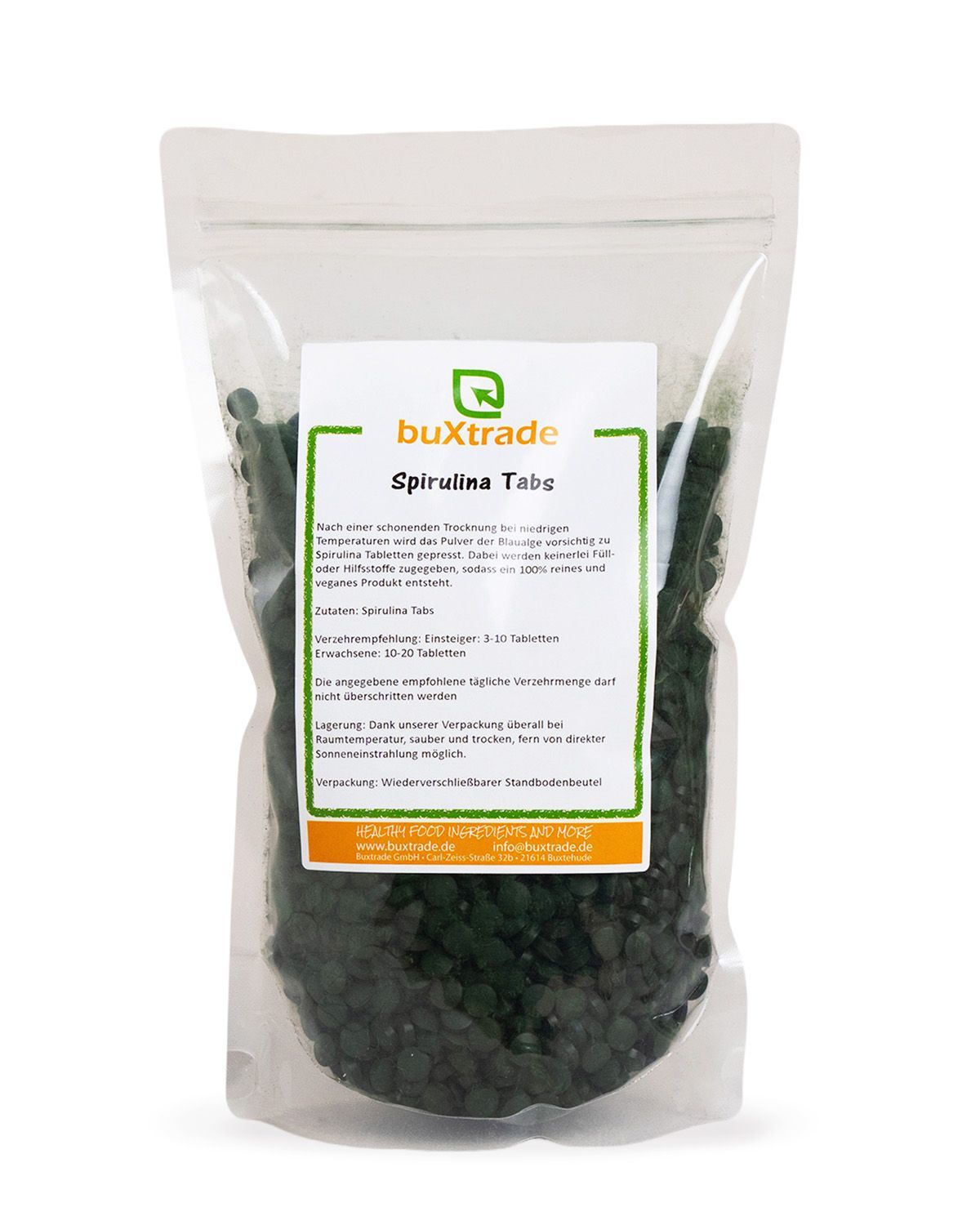 Verpackung von buXtrade Spirulina Tabs mit Produktinformationen.