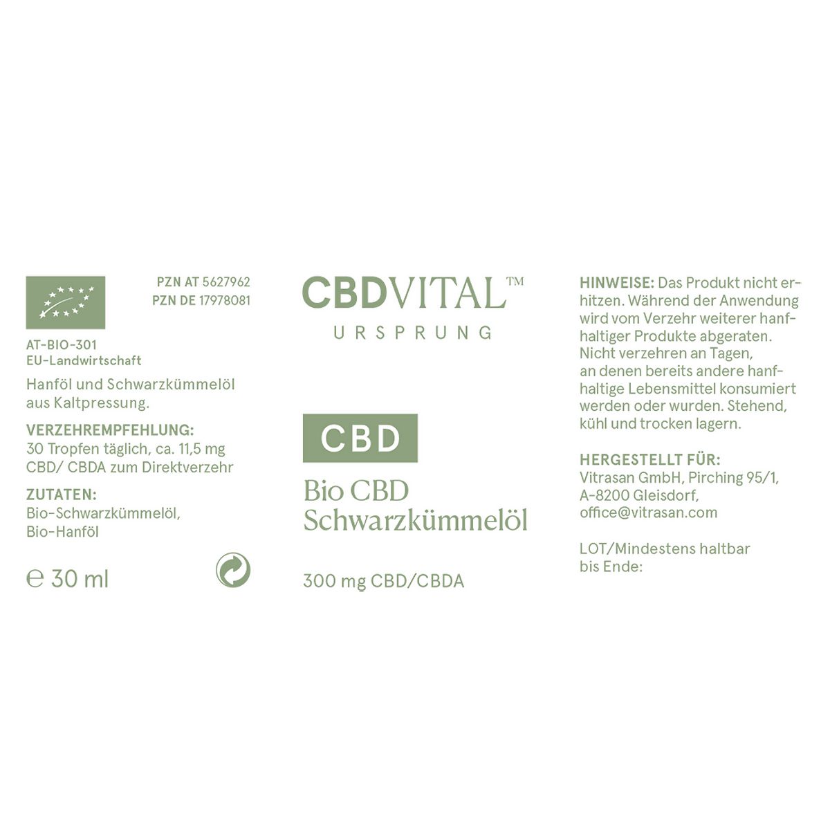 Etikett mit Text: CBD VITAL Ursprung, Bio CBD Schwarzkümmelöl. 300mg CBD/CBDA. Enthält AT-BIO-301 EU-Landwirtschaft, 30 ml.