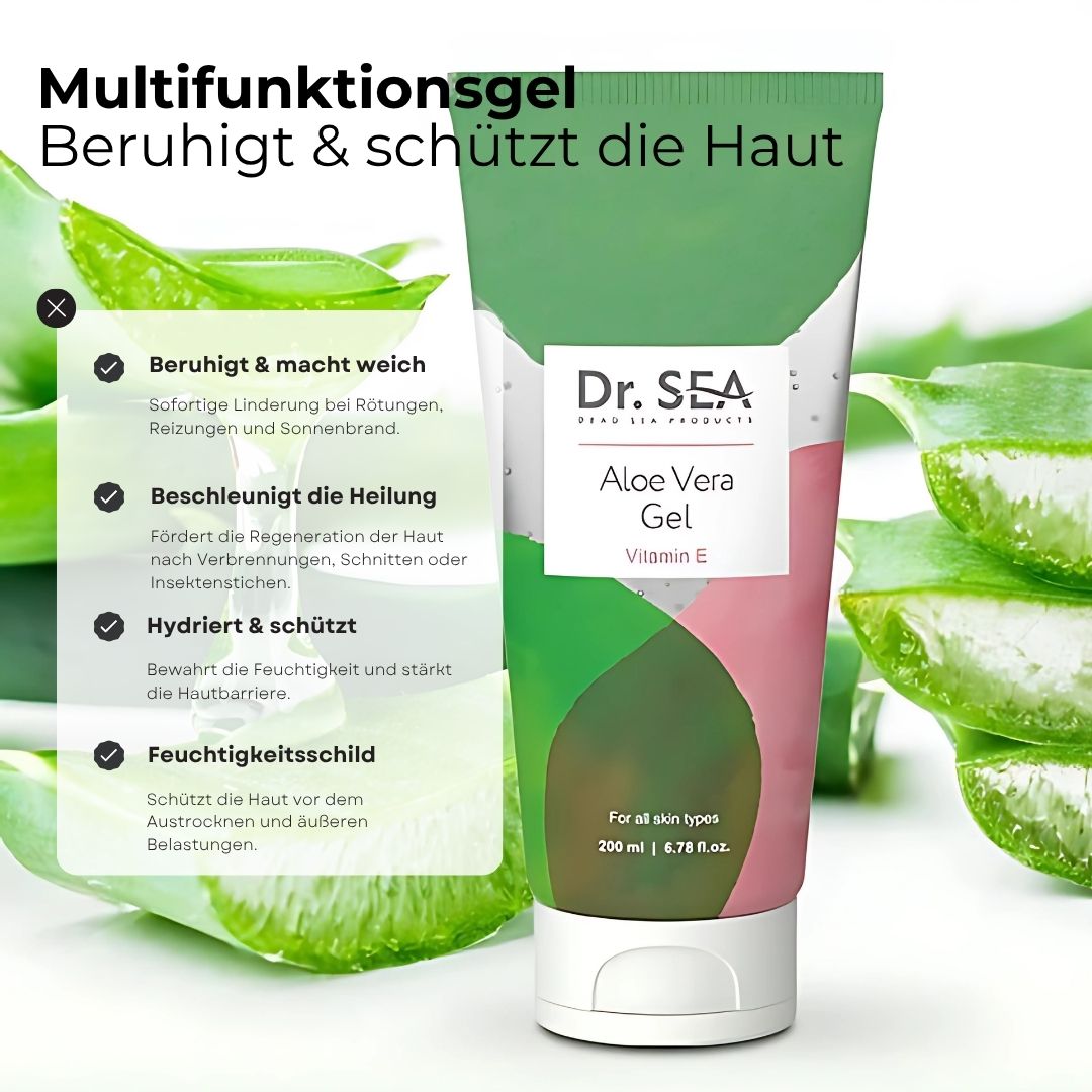Tube mit Aloe Vera Gel. Grün-rosa Design. Text: Dr. SEA, Aloe Vera Gel, Vitamin E. Infografik mit Vorteilen.