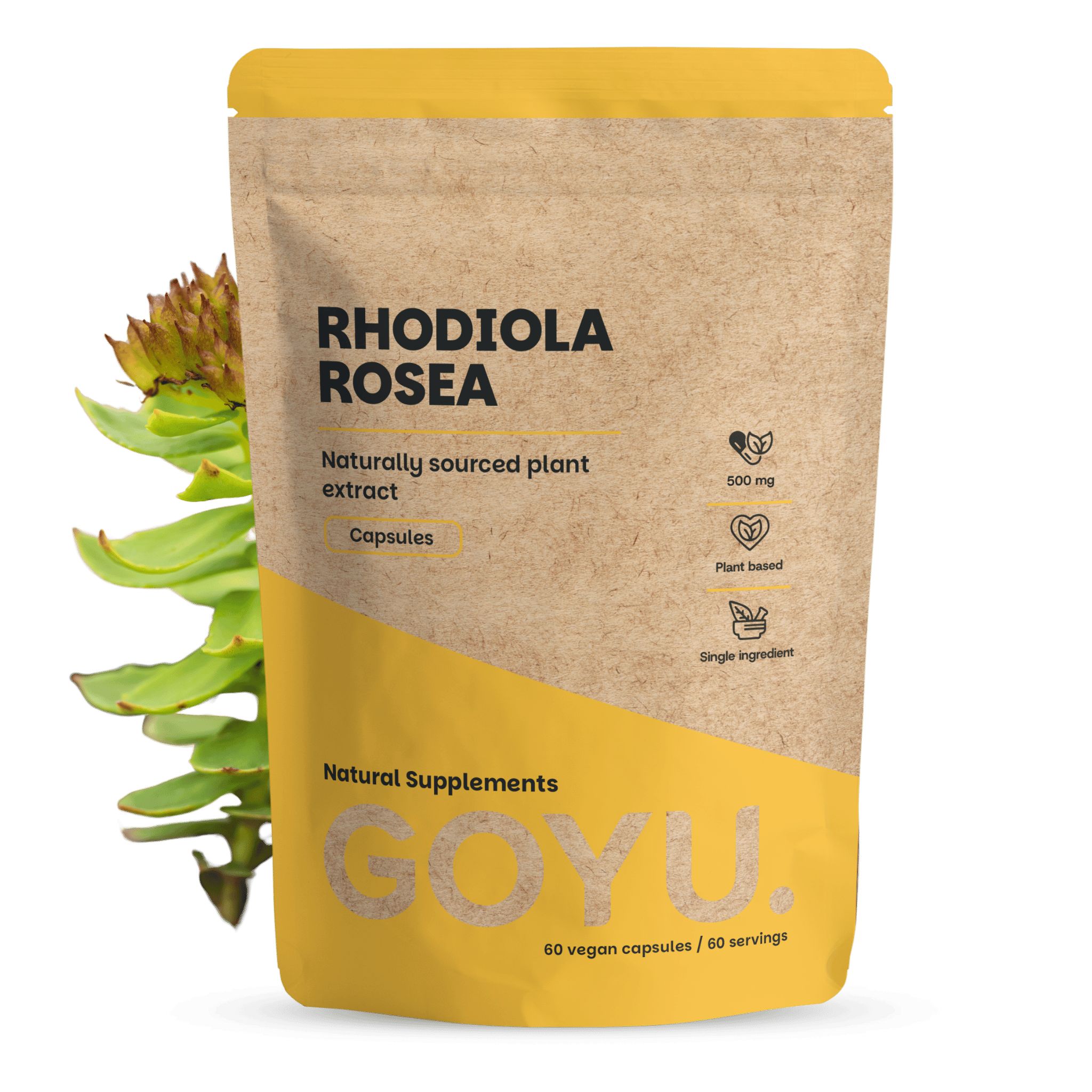 Braune Papiertüte mit Rhodiola Rosea Kapseln, 500 mg, pflanzlich, Einzelinhaltsstoff. Marke: GOYU.