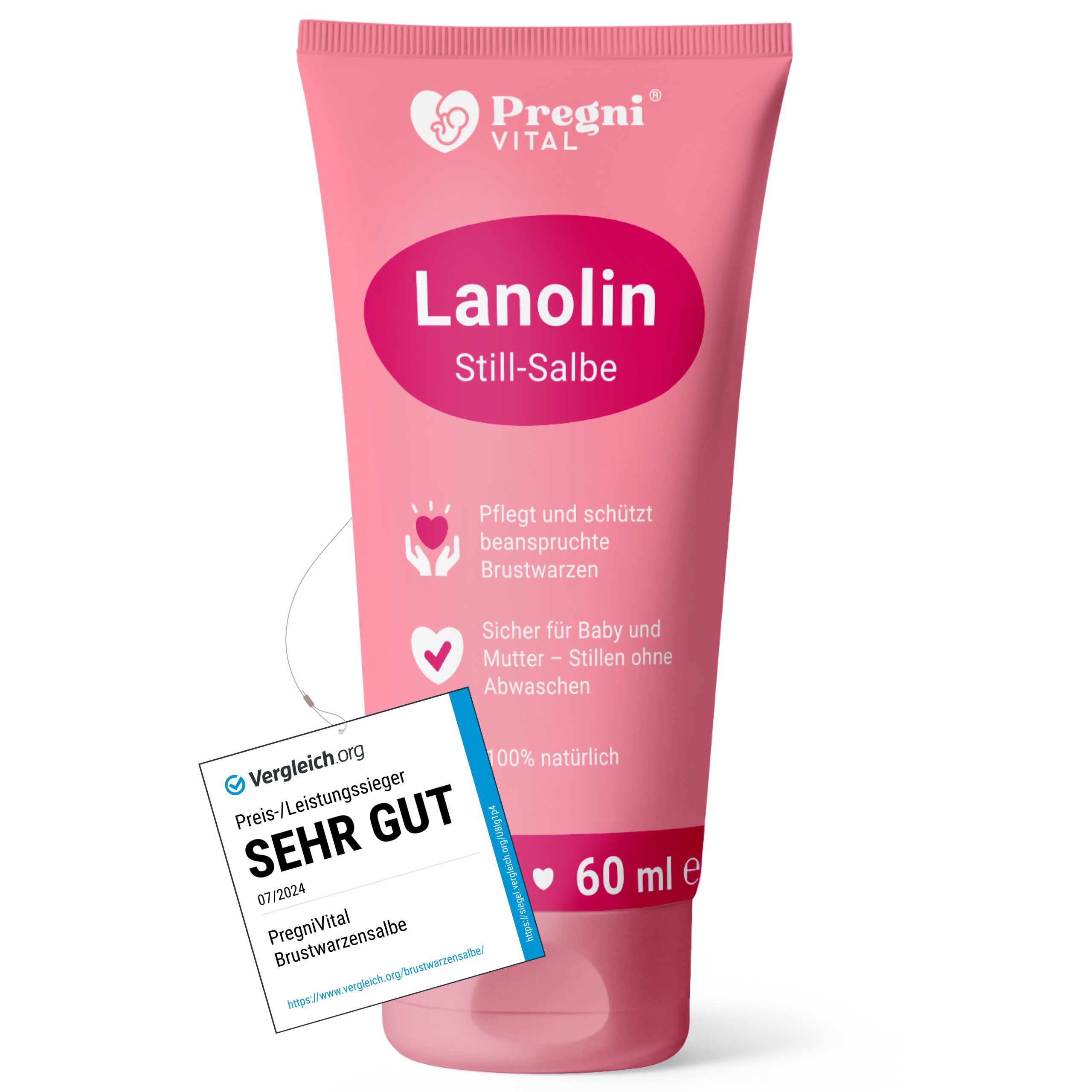 PregniVital Lanolin Still-Salbe Tube, 60 ml, mit Siegel 'Sehr Gut'.