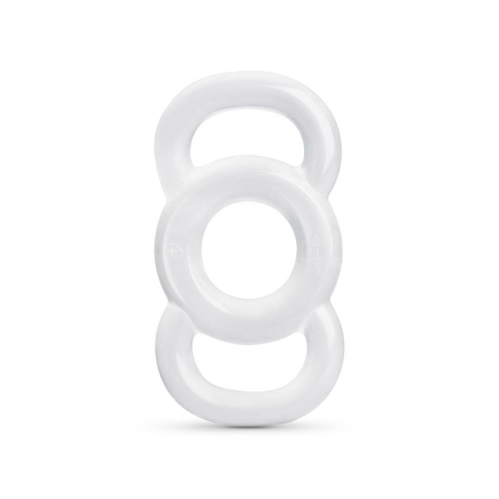 Weißes Produkt mit drei verbundenen Ringen. Mittlerer Ring größer als obere und untere Ringe. Glatte Oberfläche.