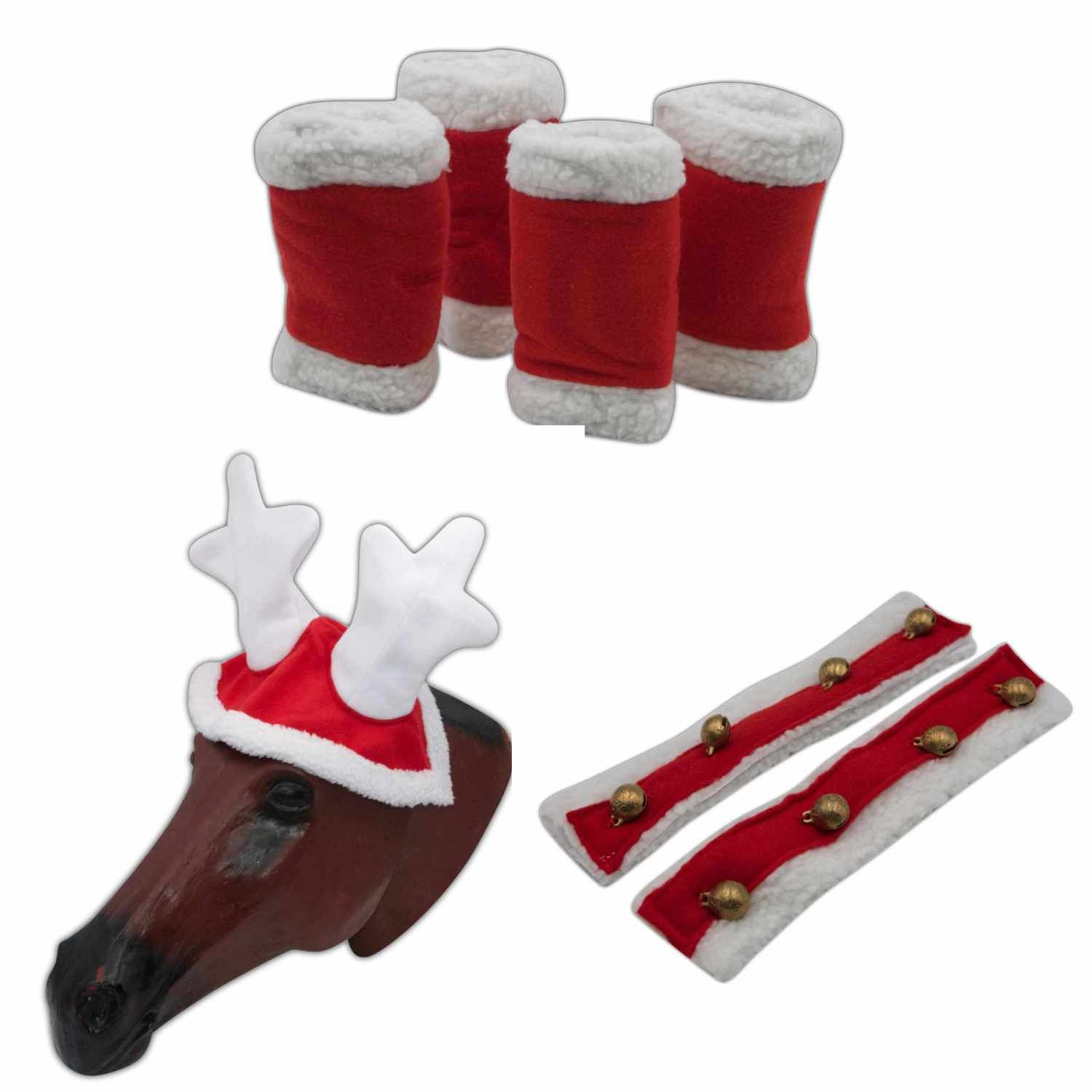 Weihnachts-Set für Pferde: Bandagen, Zügelschoner und Rentiergeweih-Band. Rot mit weißem Fellimitat und goldenen Glöckchen.