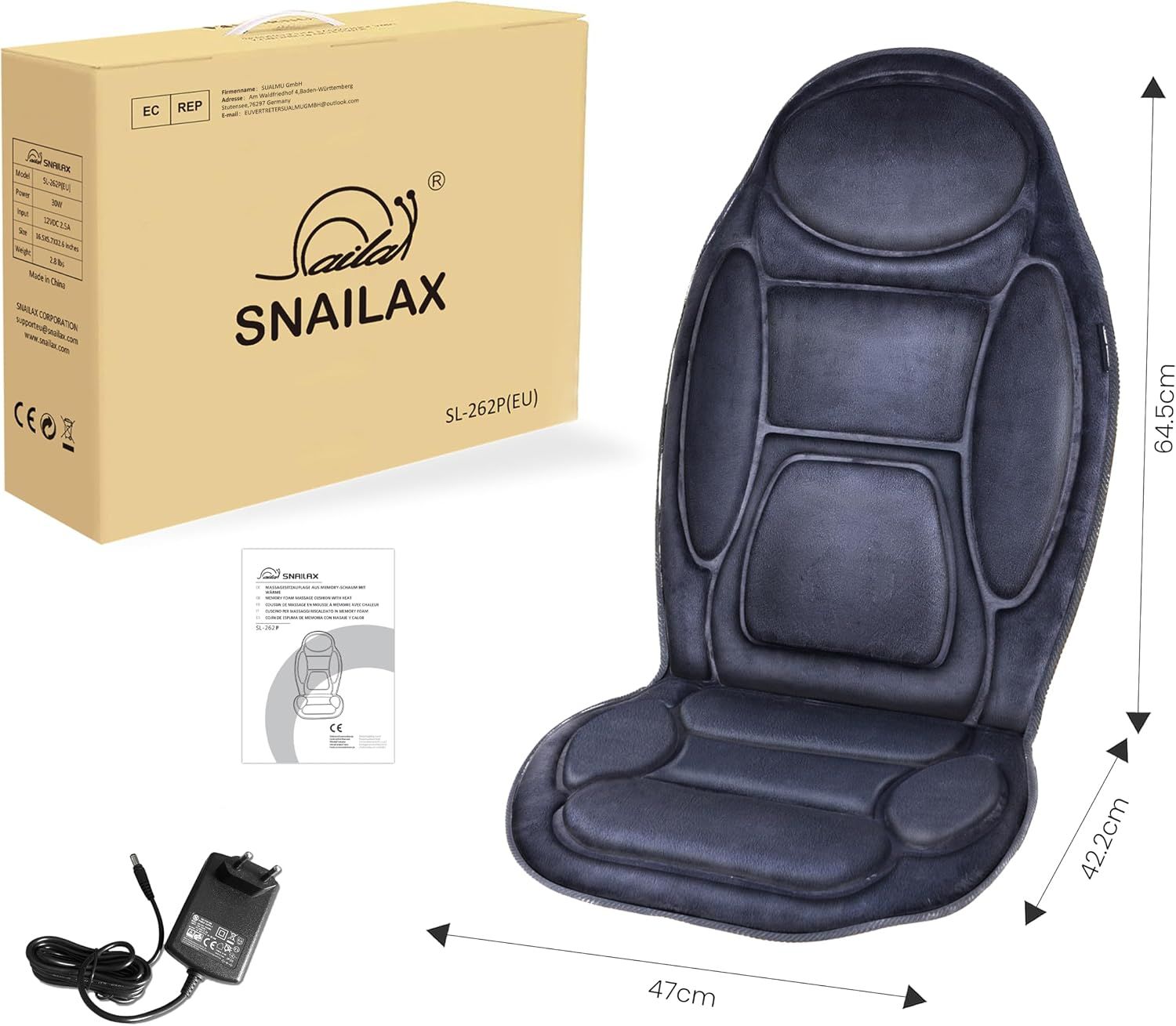 Massage-Sitzauflage mit Verpackung, Netzteil und Anleitung. Maße: 47x42,2x64,5cm.