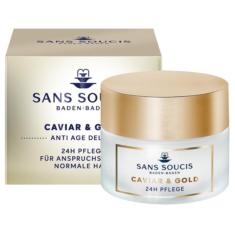 Creme-Tiegel und Verpackung. Aufschrift: Sans Soucis, Caviar & Gold, 24h Pflege. Goldfarbener Deckel.
