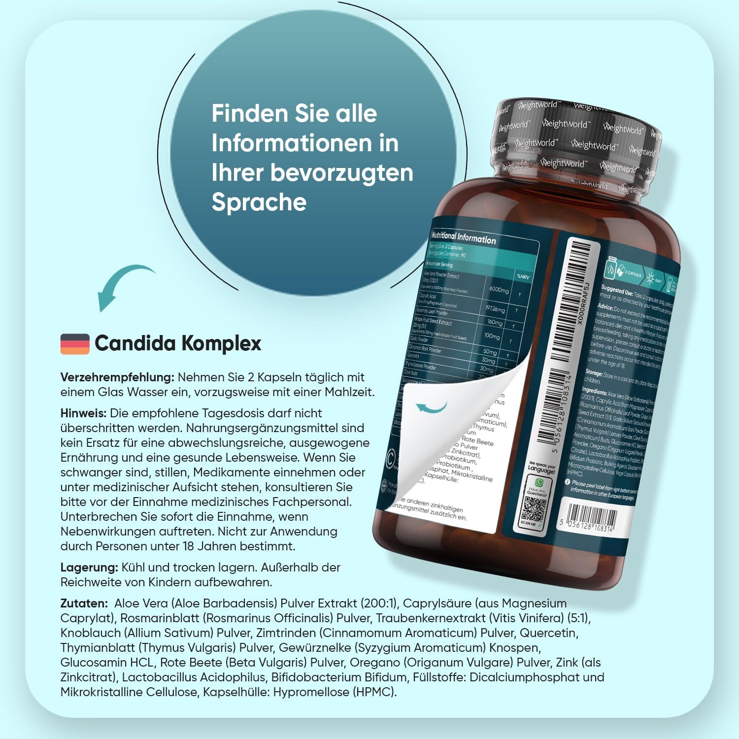 Rückseite der Flasche Candida Komplex. Text in deutscher Sprache. Enthält Informationen zur Anwendung und Inhaltsstoffe.